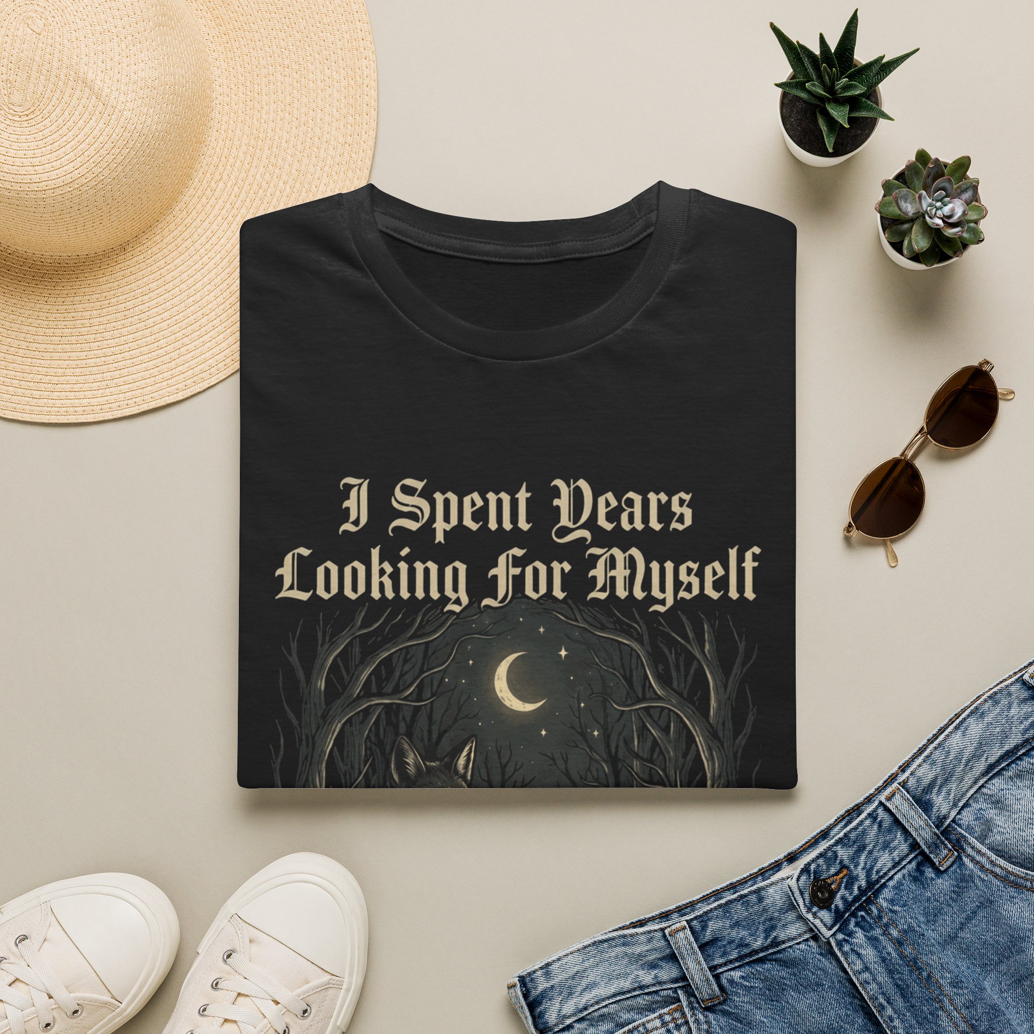 "I Spent Years Looking For Myself" Wolf Moon Retro Gothic Tee - Image 2