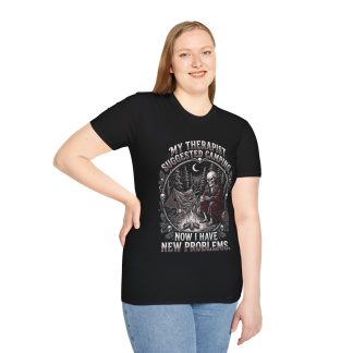 Camping Skeleton T-Shirt — “My Therapist Suggested Camping”