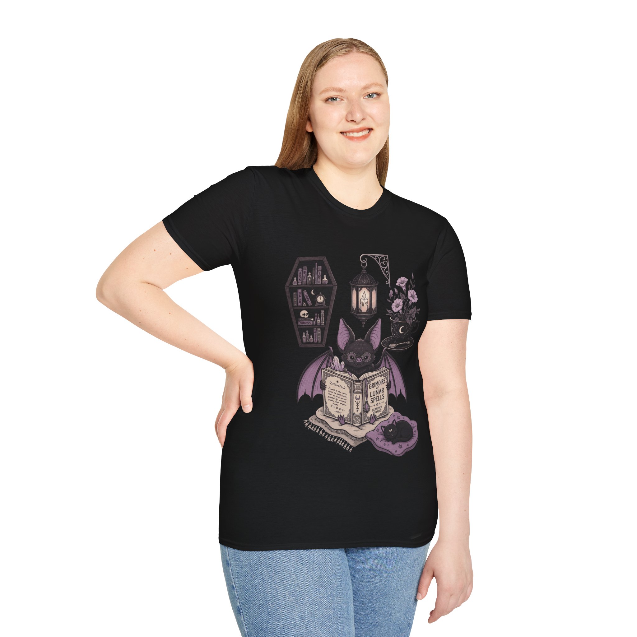 Gothic Bat Reading Tee — Lantern, Books & Moonlight Graphic Shirt - Image 7