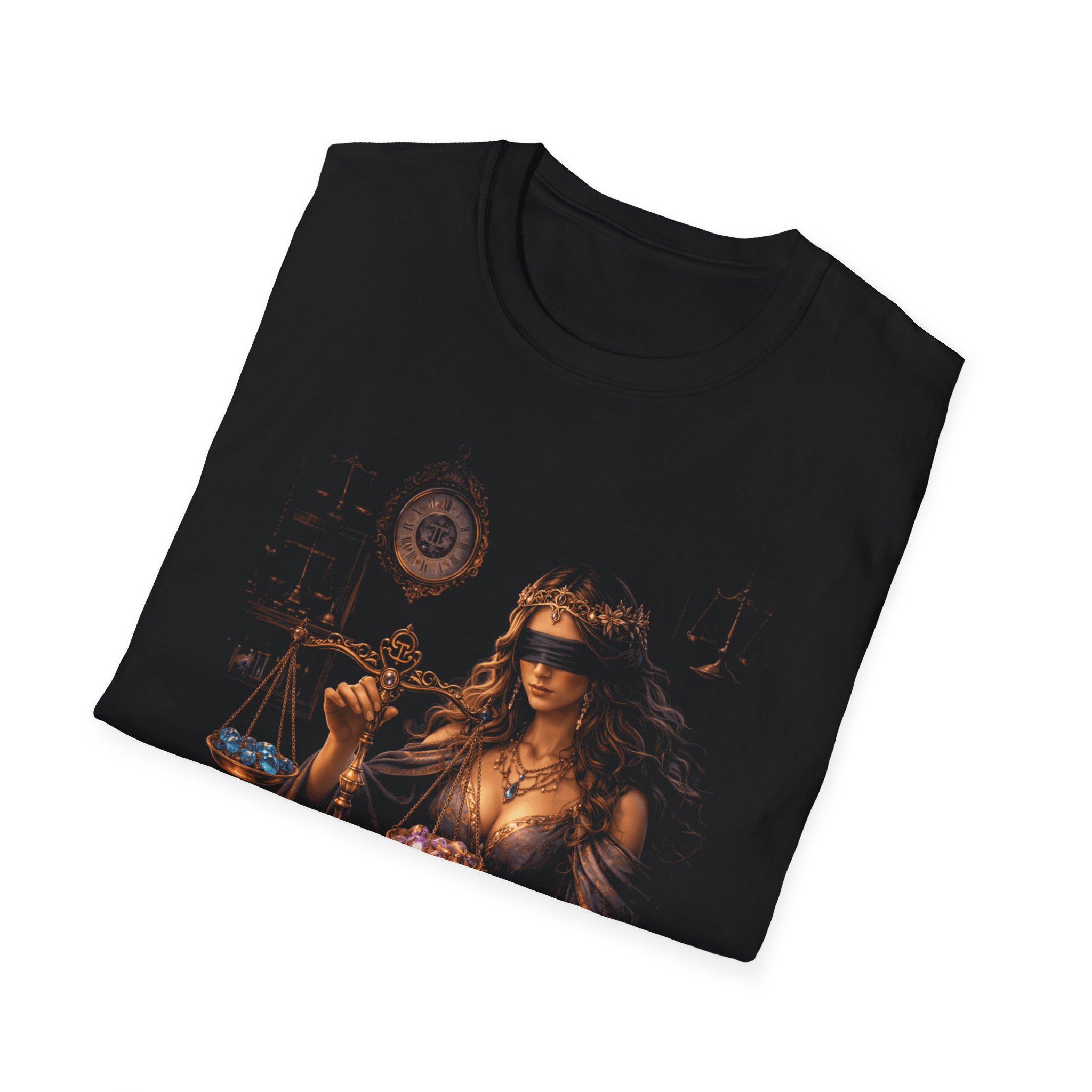 Libra Goddess T‑Shirt — Blindfolded Scales Zodiac Artwork - Image 6