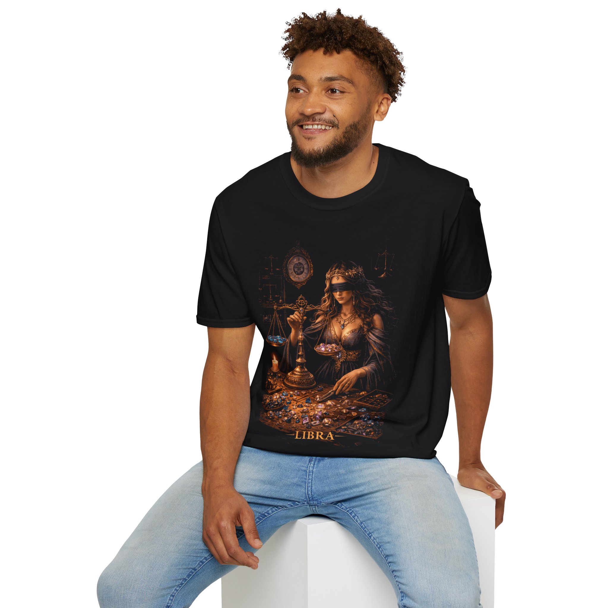 Libra Goddess T‑Shirt — Blindfolded Scales Zodiac Artwork - Image 14