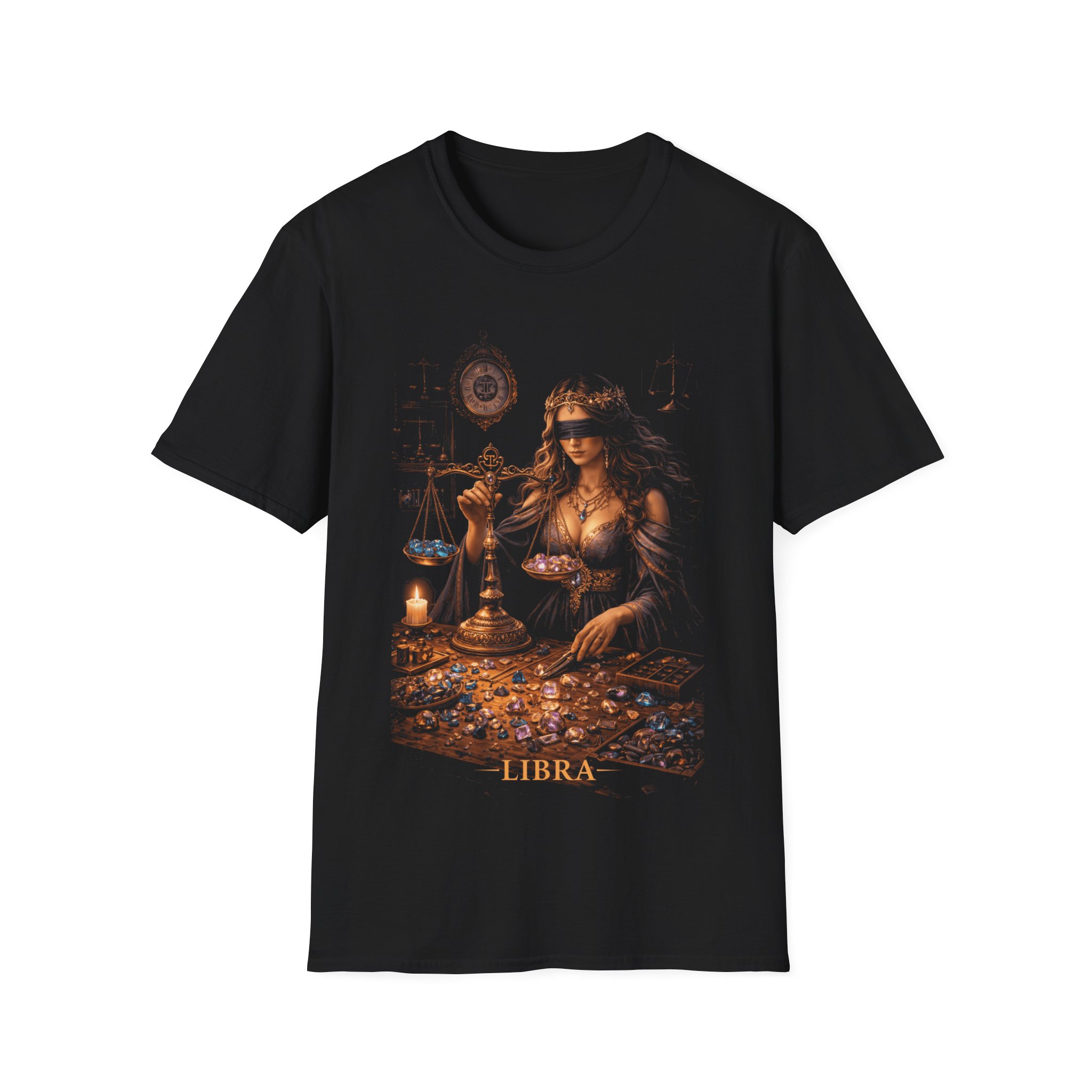 Libra Goddess T‑Shirt — Blindfolded Scales Zodiac Artwork - Image 3