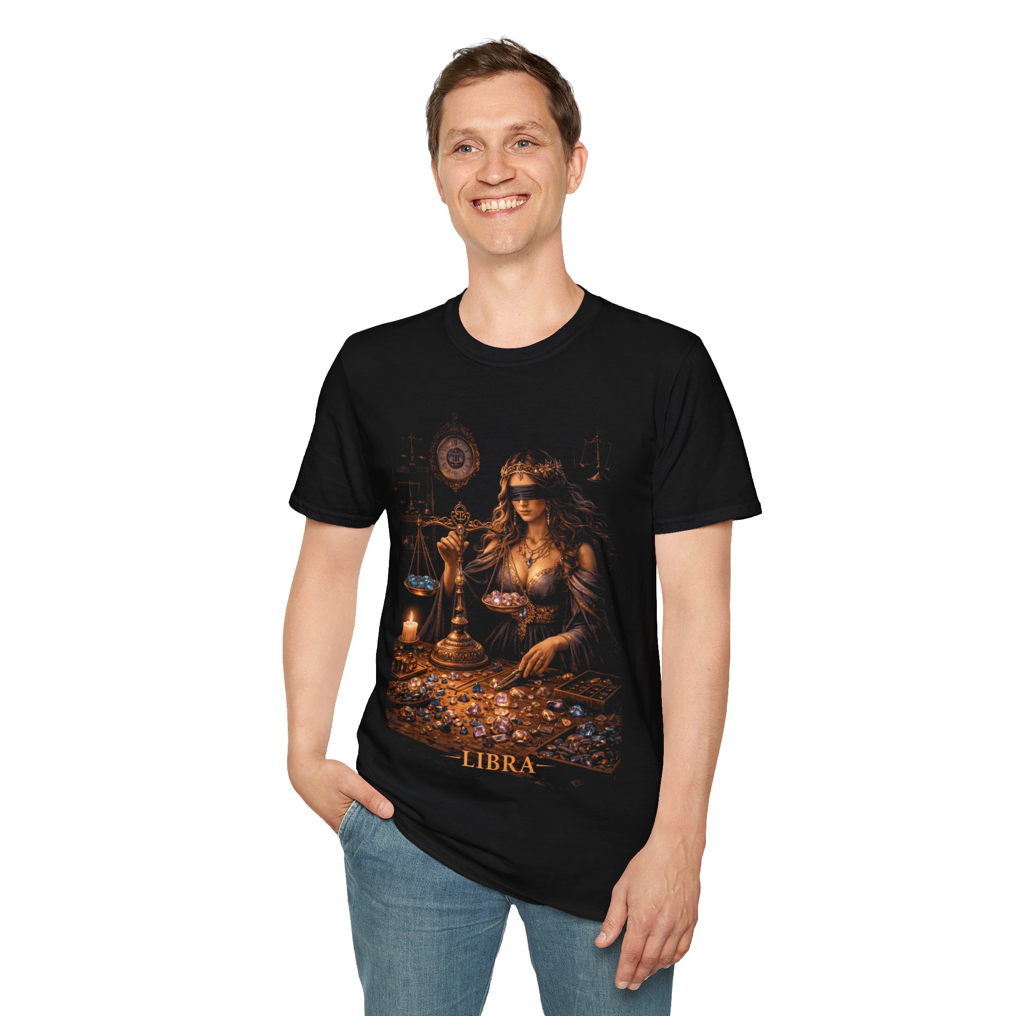 Libra Goddess T‑Shirt — Blindfolded Scales Zodiac Artwork - Image 9